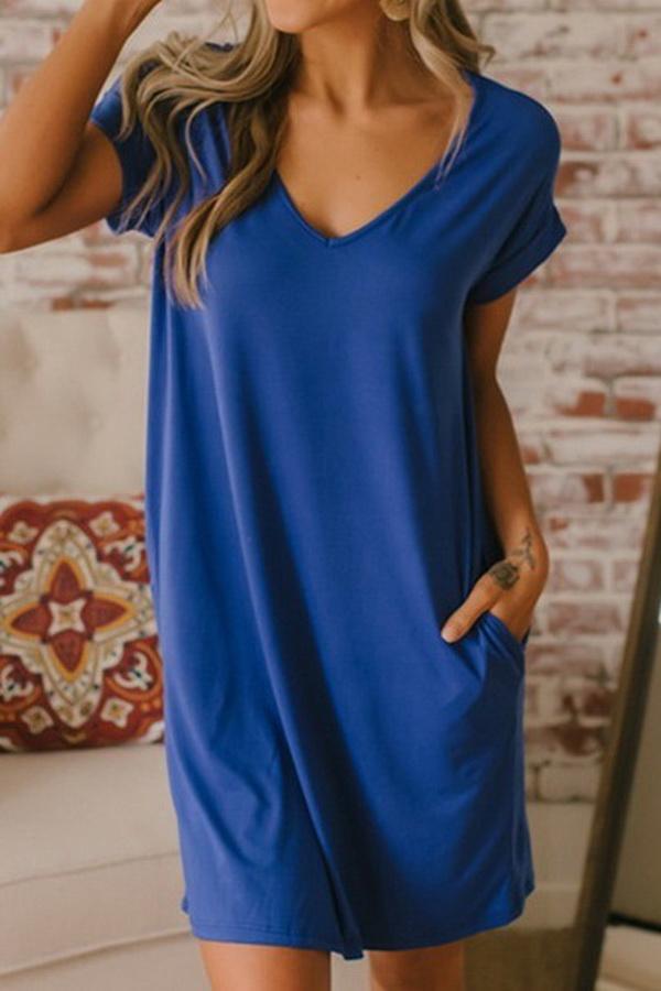 Pure Collor V-collar Casual Loose T-shirt Dress