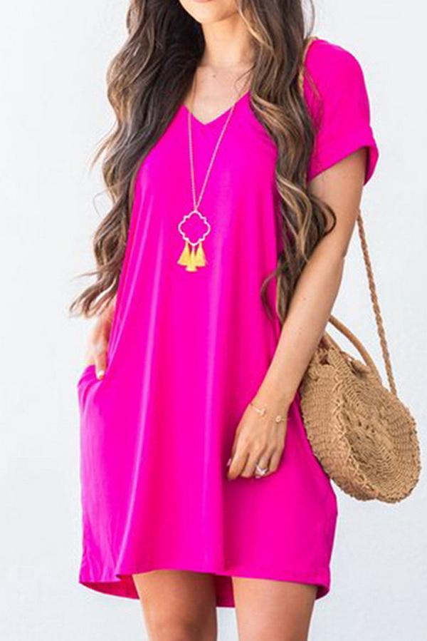 Pure Collor V-collar Casual Loose T-shirt Dress