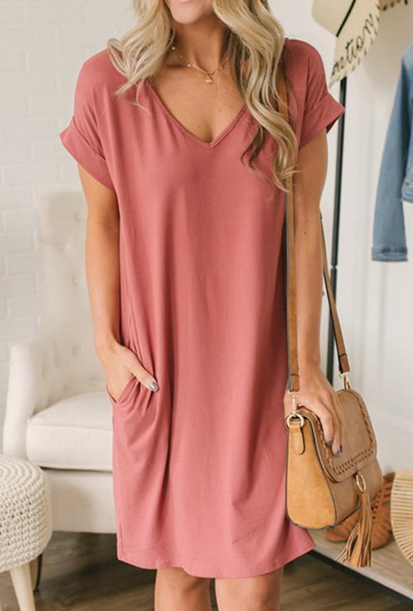 Pure Collor V-collar Casual Loose T-shirt Dress