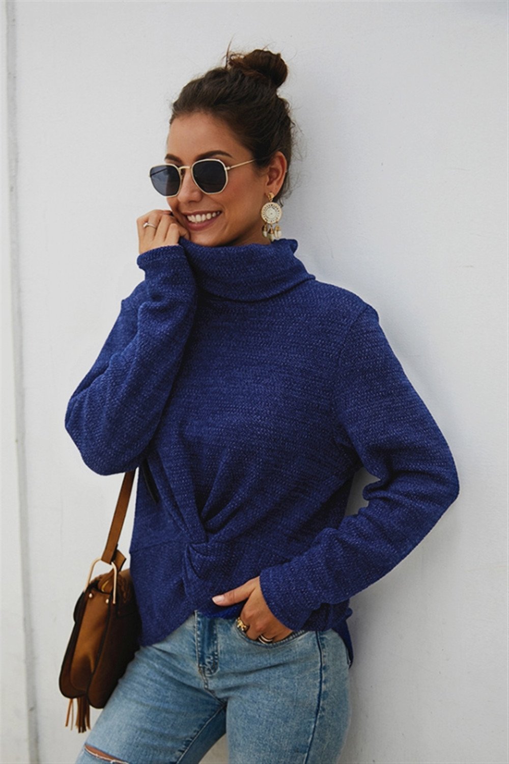 Pure Color High Neck Twist Sweater