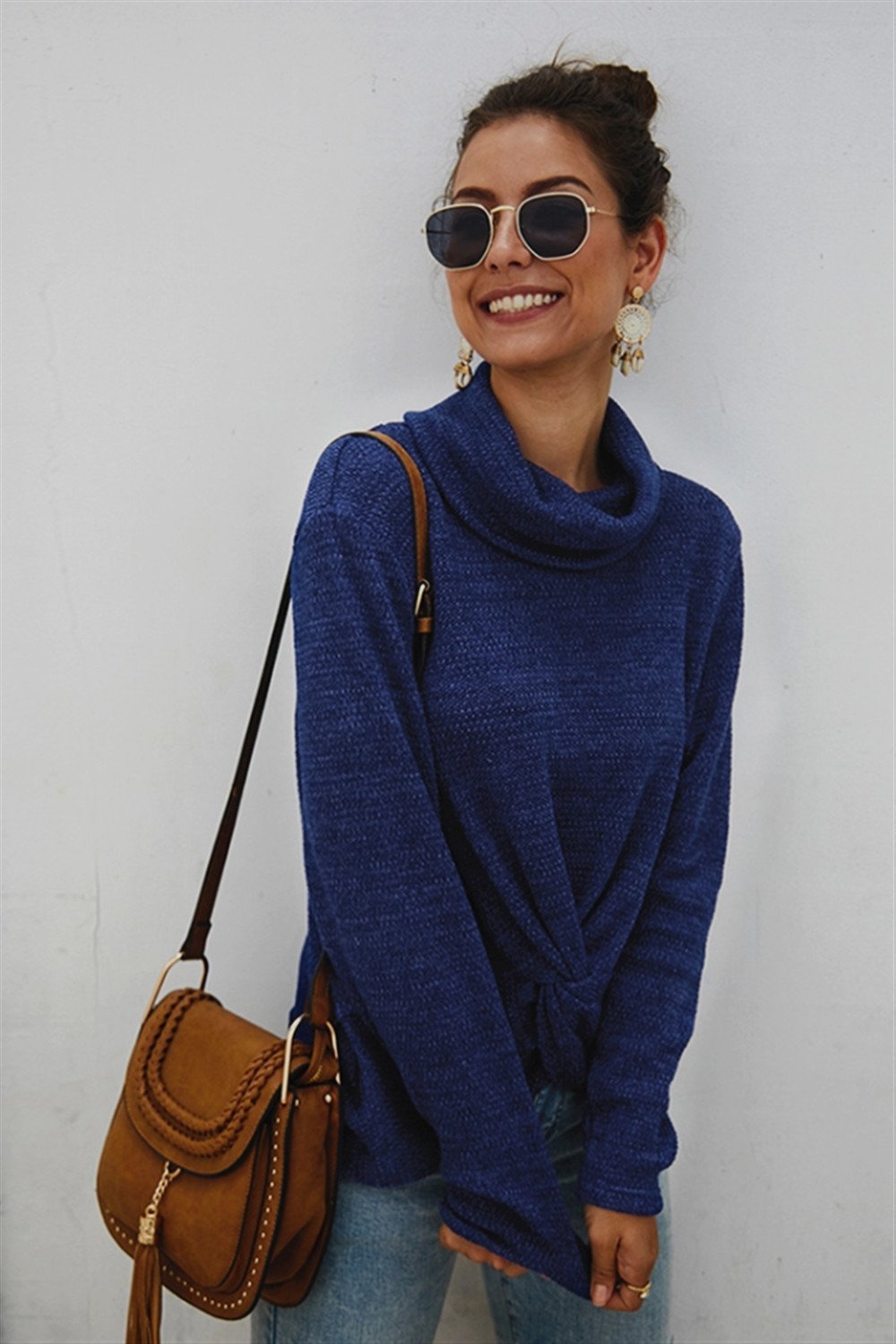Pure Color High Neck Twist Sweater