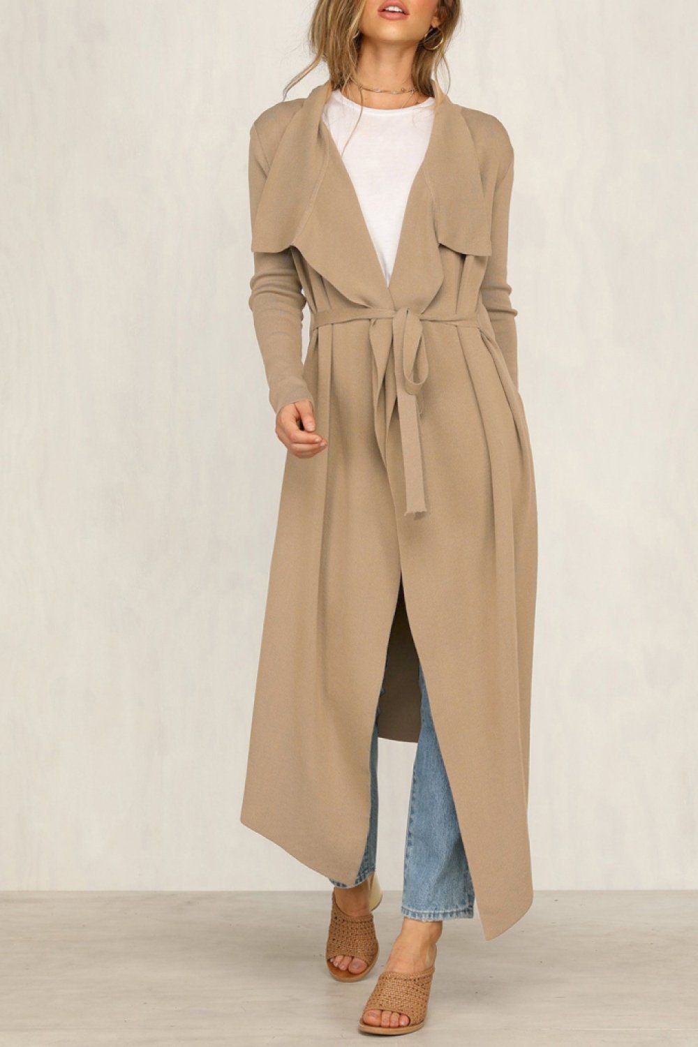 Pure Color Long-sleeve Belt Windbreaker