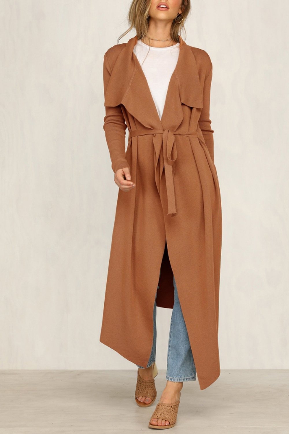 Pure Color Long-sleeve Belt Windbreaker