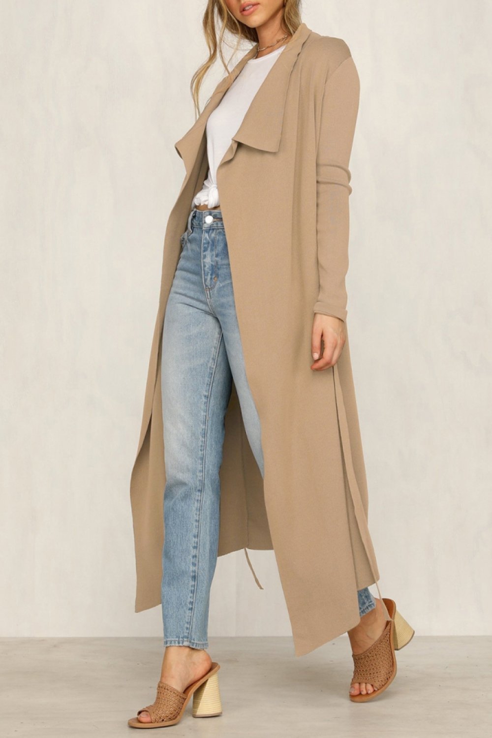 Pure Color Long-sleeve Belt Windbreaker