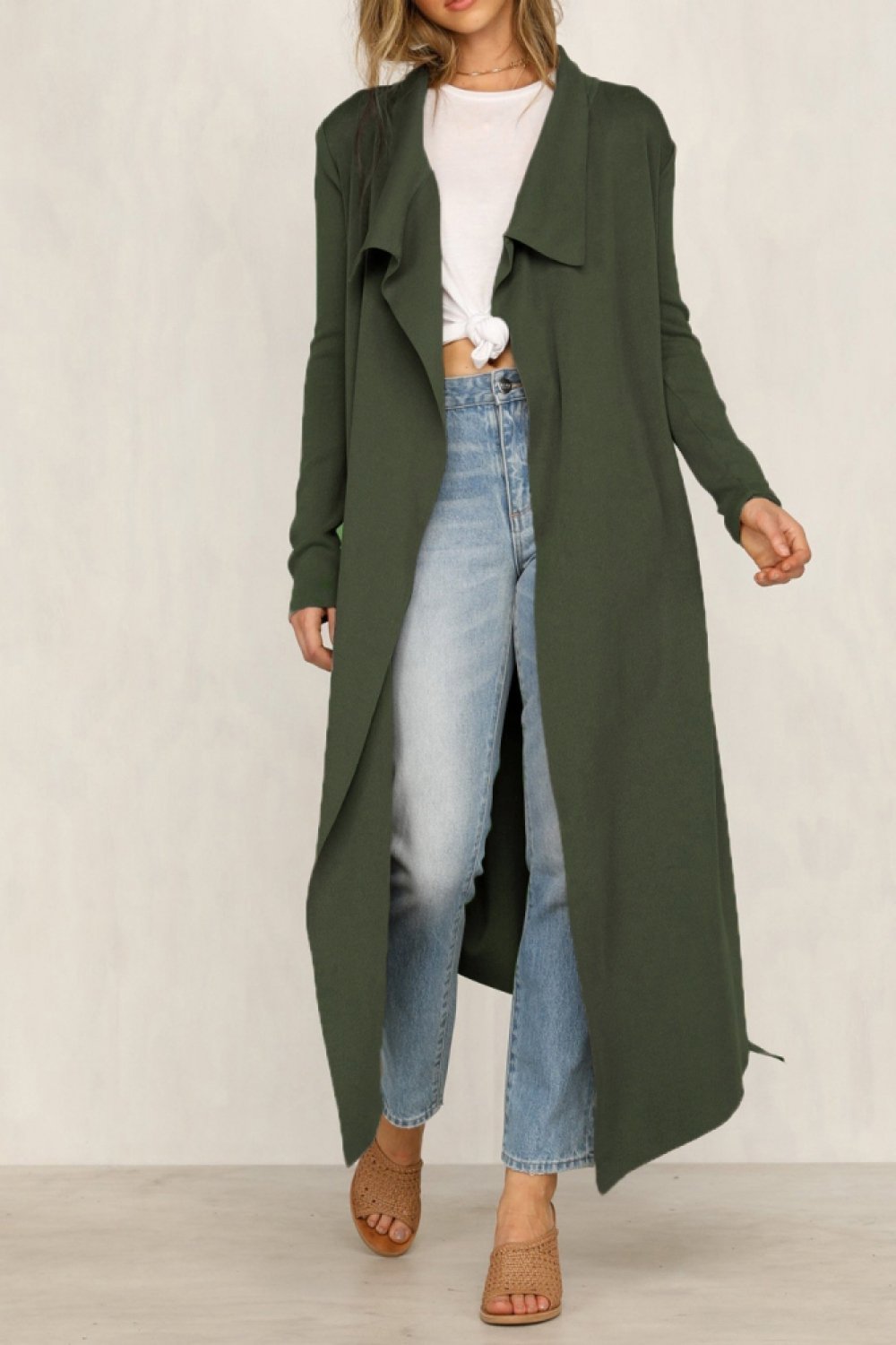 Pure Color Long-sleeve Belt Windbreaker