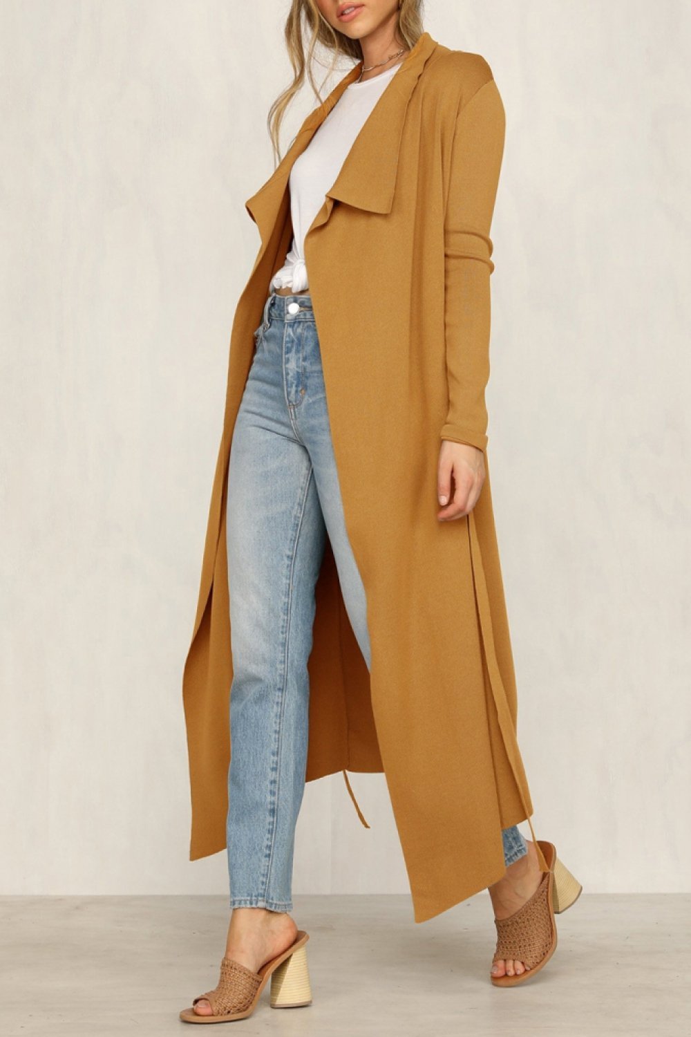 Pure Color Long-sleeve Belt Windbreaker