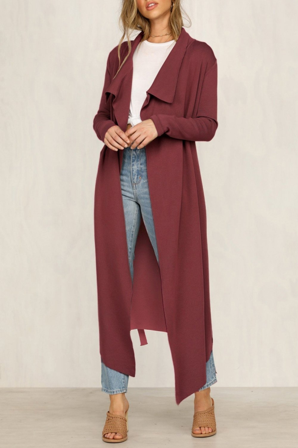 Pure Color Long-sleeve Belt Windbreaker