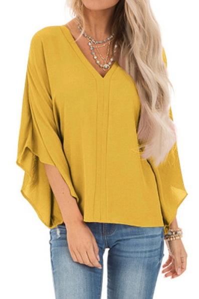 Pure Colour Loose V-neck Bat Sleeve Casual T-shirt