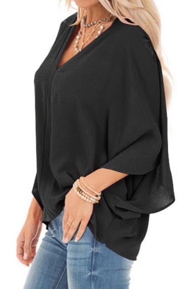 Pure Colour Loose V-neck Bat Sleeve Casual T-shirt
