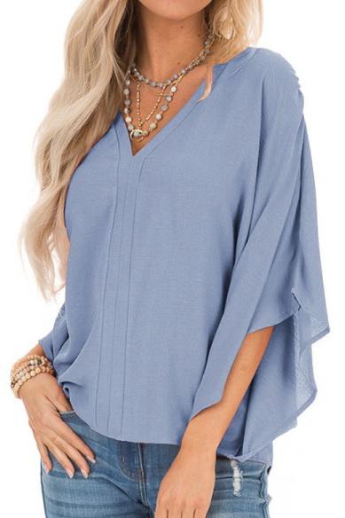 Pure Colour Loose V-neck Bat Sleeve Casual T-shirt