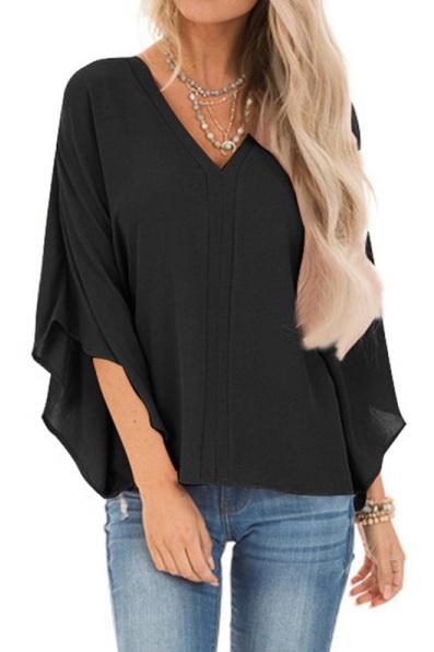 Pure Colour Loose V-neck Bat Sleeve Casual T-shirt