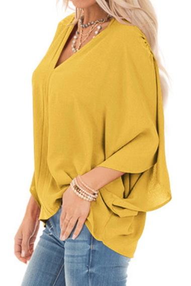 Pure Colour Loose V-neck Bat Sleeve Casual T-shirt