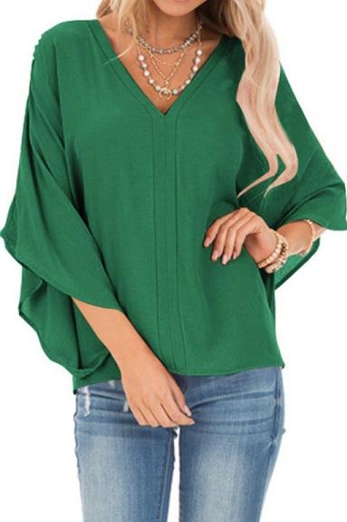 Pure Colour Loose V-neck Bat Sleeve Casual T-shirt