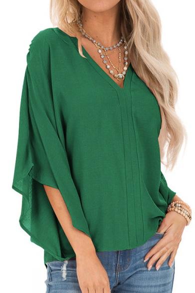 Pure Colour Loose V-neck Bat Sleeve Casual T-shirt