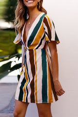 Rainbow Stripe Deep V-neck Dress