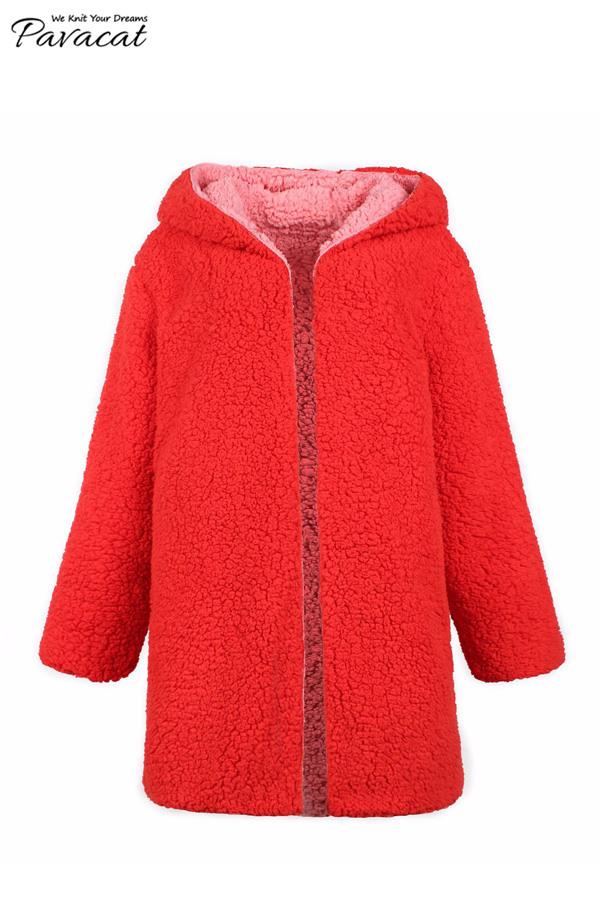 Reversible Faux Lambswool Thick Jacket - Pink/Red