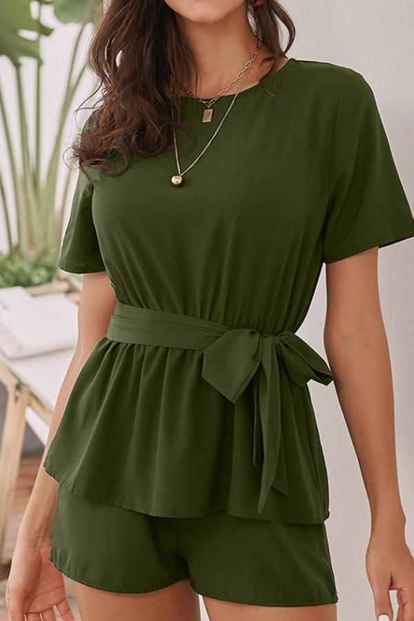 Round Collar Short Sleeve High Waist Tie Jumpsuit