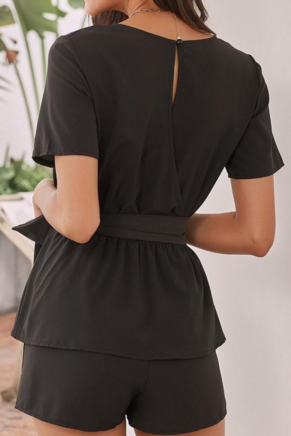 Round Collar Short Sleeve High Waist Tie Jumpsuit