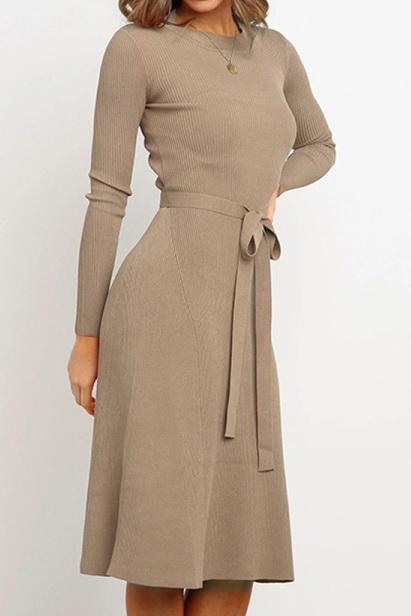 Round Neck Belt Long-sleeved Dress