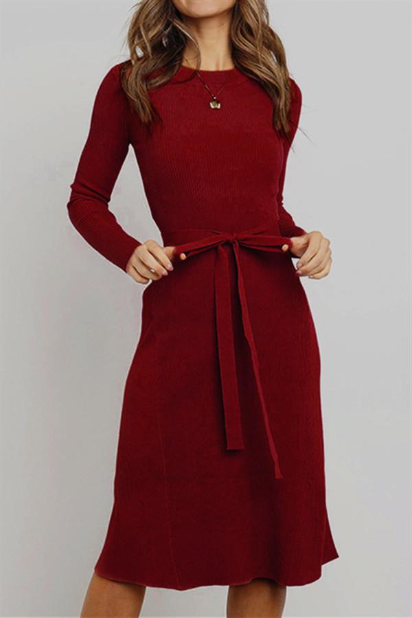 Round Neck Belt Long-sleeved Dress