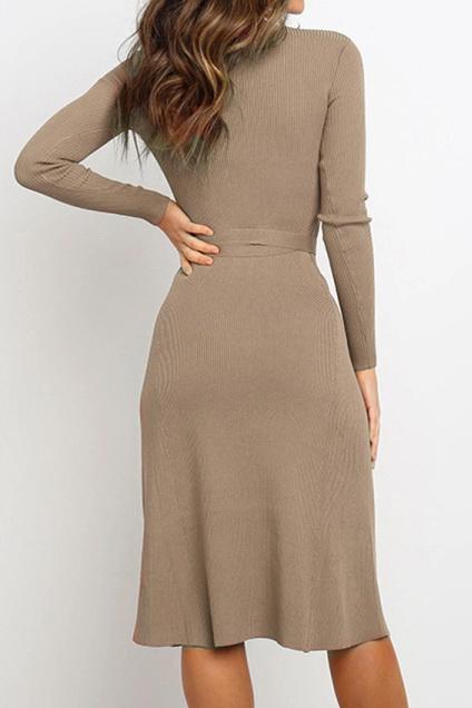 Round Neck Belt Long-sleeved Dress