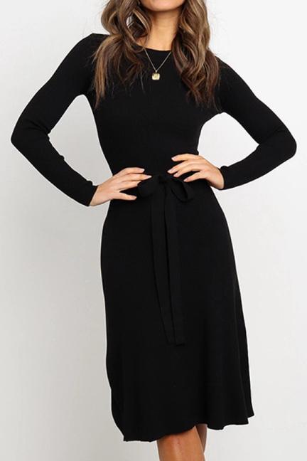 Round Neck Belt Long-sleeved Dress