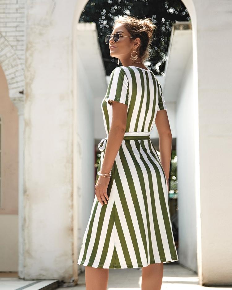 Round Neck Belt Striped Mid Dress