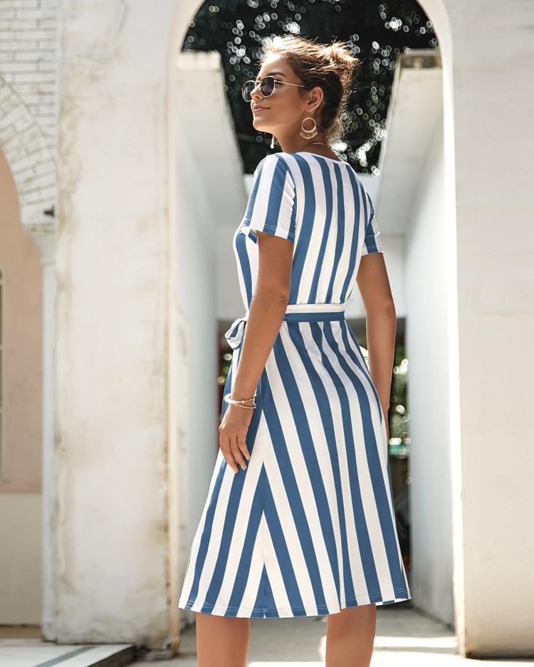 Round Neck Belt Striped Mid Dress