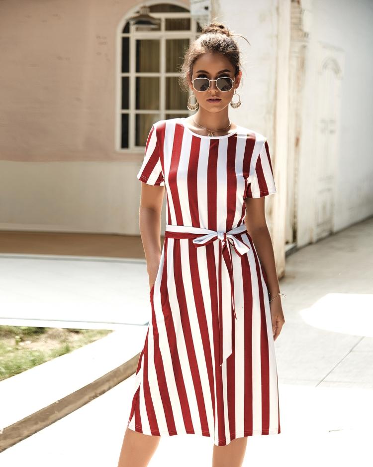Round Neck Belt Striped Mid Dress