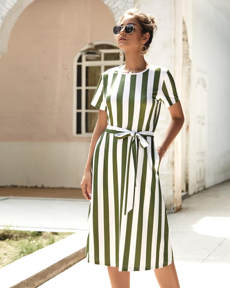 Round Neck Belt Striped Mid Dress