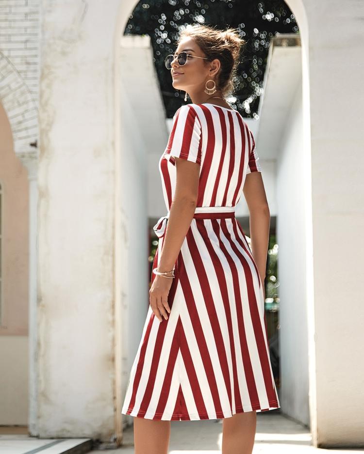 Round Neck Belt Striped Mid Dress