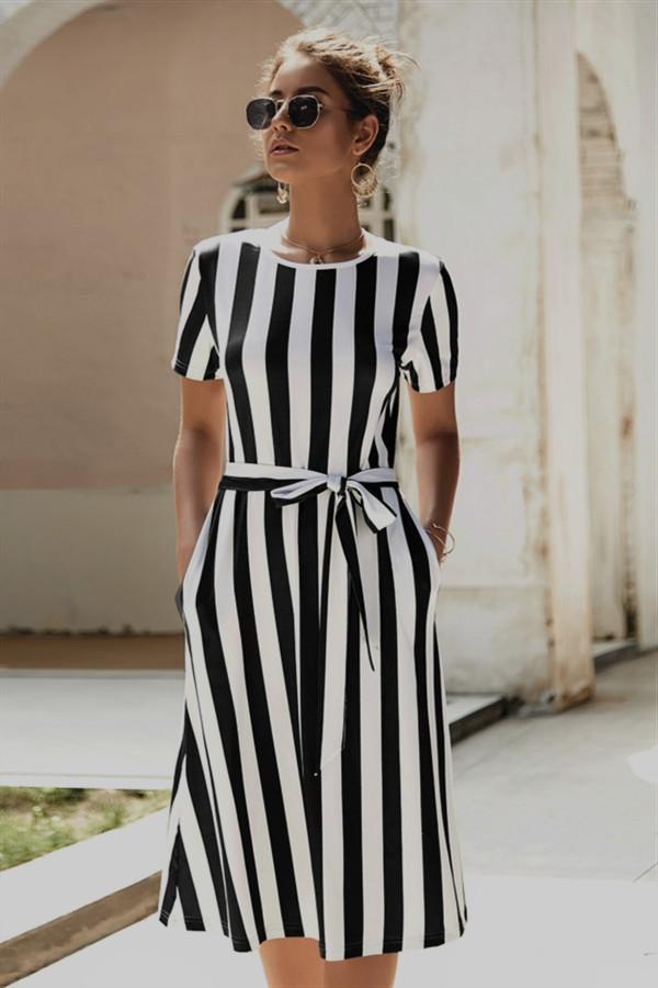 Round Neck Belt Striped Mid Dress