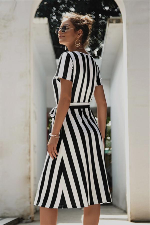 Round Neck Belt Striped Mid Dress