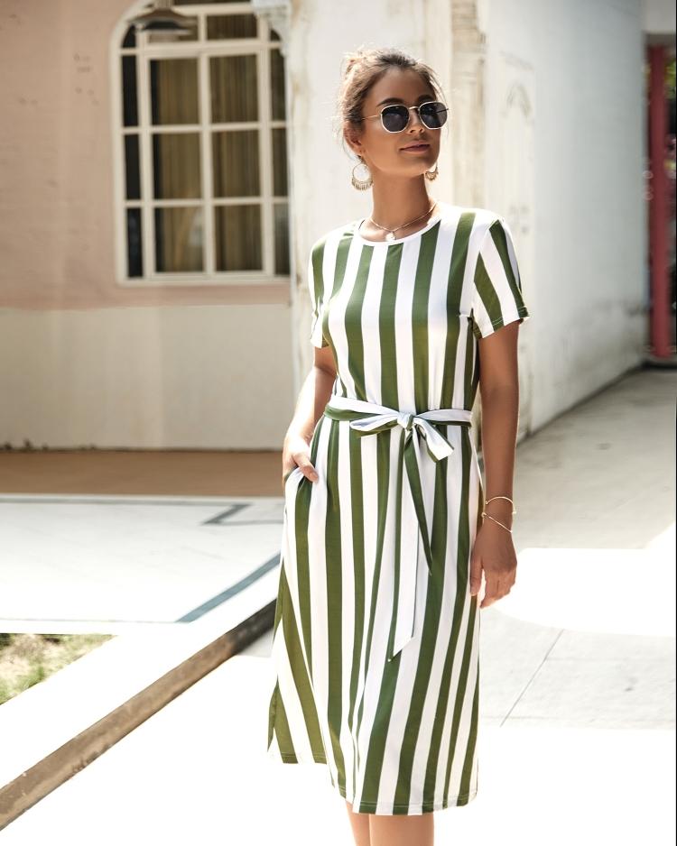 Round Neck Belt Striped Mid Dress