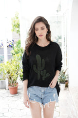 Round Neck Drop Shoulder Sweater - Black