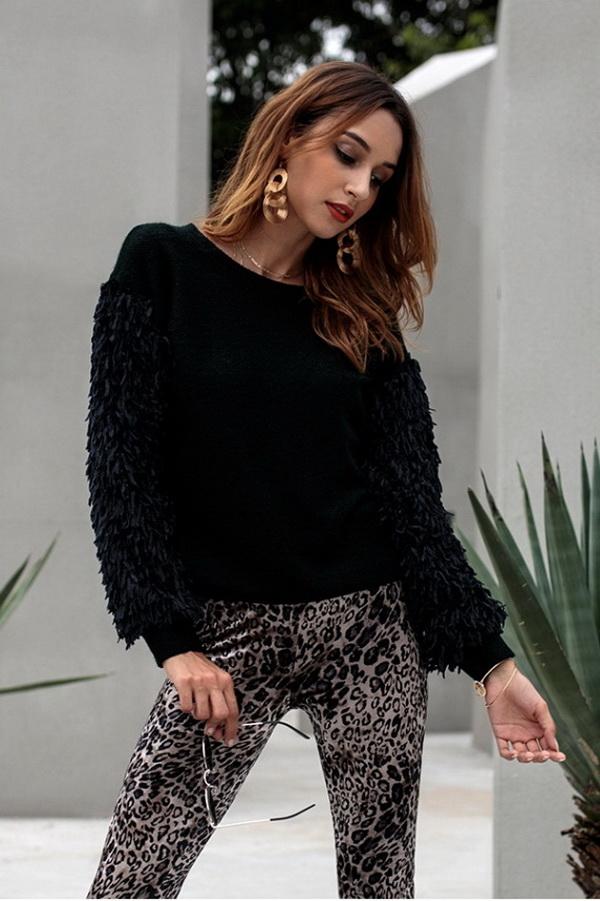 Round Neck Tassel Sleeve Sweater