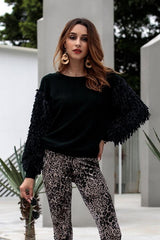 Round Neck Tassel Sleeve Sweater