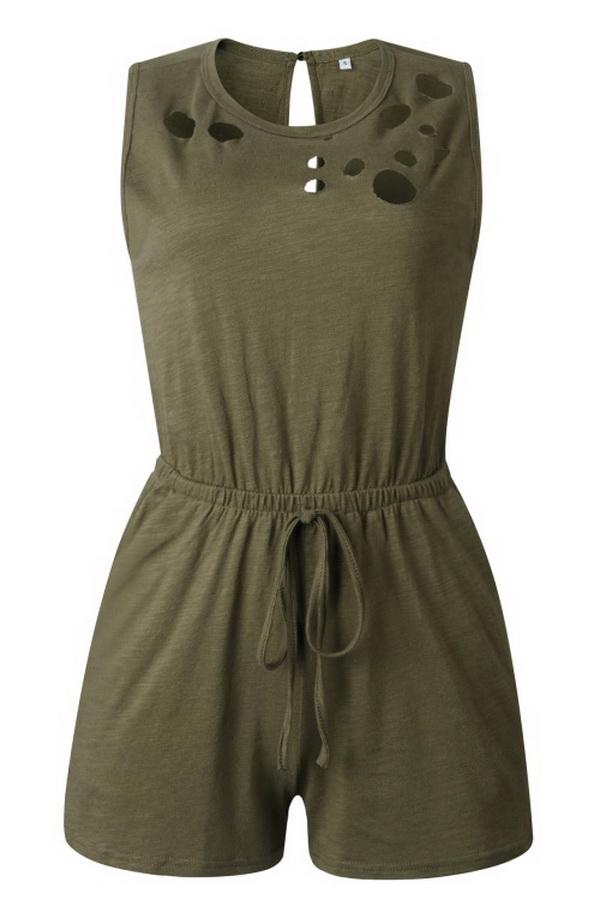 Round-necked Pocket Drawstring Waist Jumpsuit