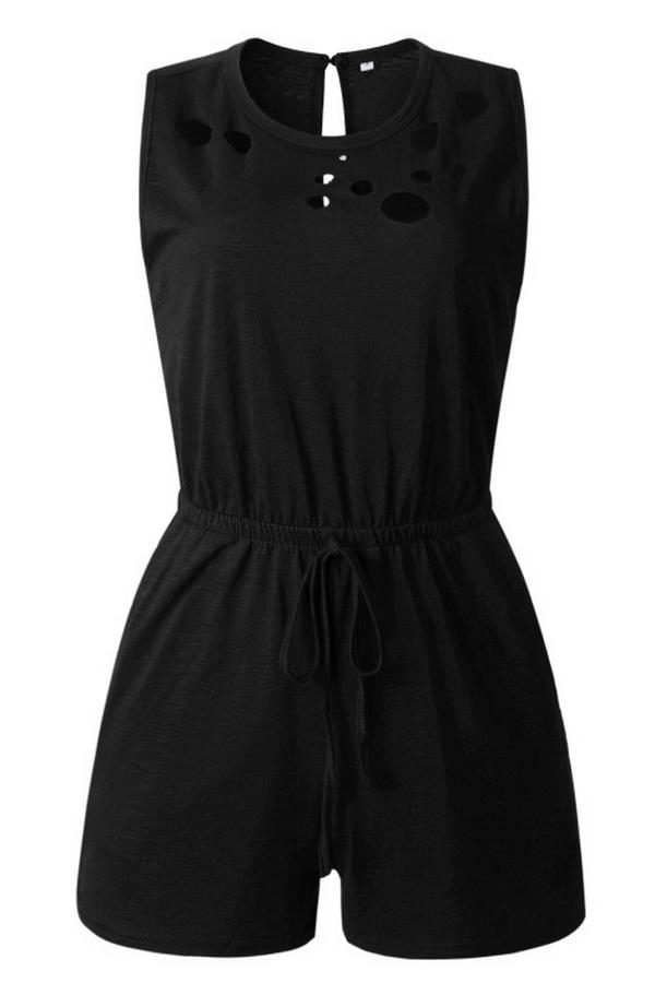 Round-necked Pocket Drawstring Waist Jumpsuit