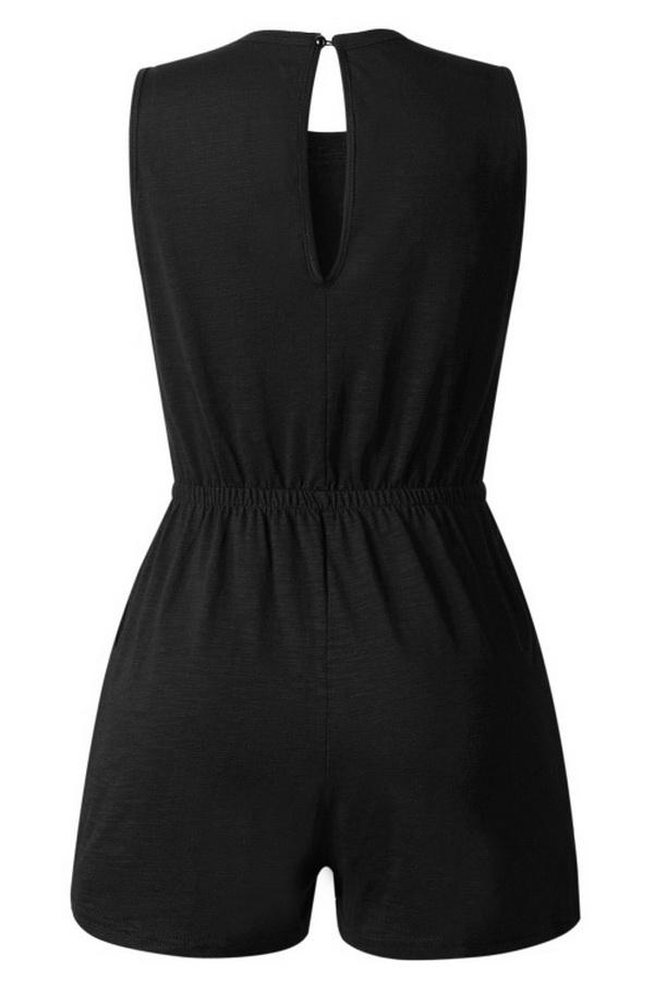 Round-necked Pocket Drawstring Waist Jumpsuit