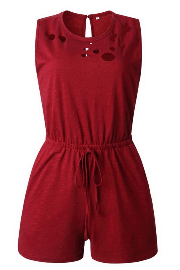 Round-necked Pocket Drawstring Waist Jumpsuit