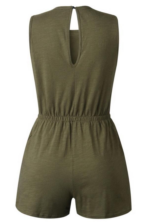Round-necked Pocket Drawstring Waist Jumpsuit