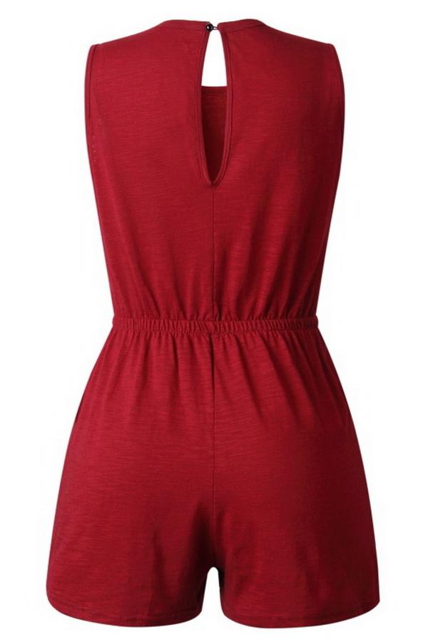 Round-necked Pocket Drawstring Waist Jumpsuit