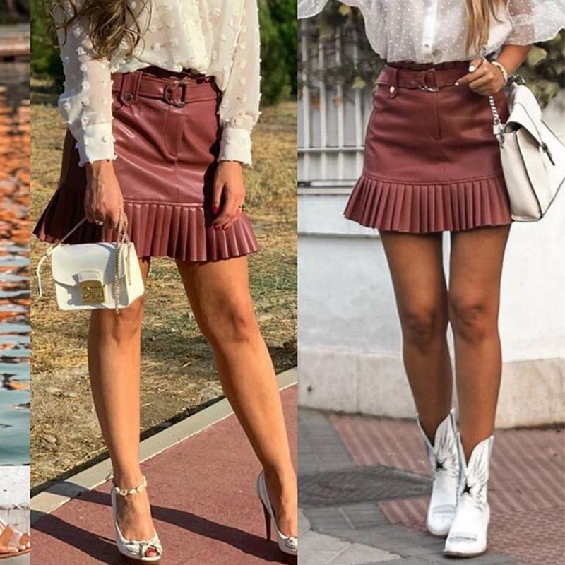 Sash Belt PU Leather Ruffled Skirt