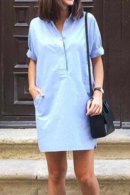 Short Sleeve Buttons Denim Dress