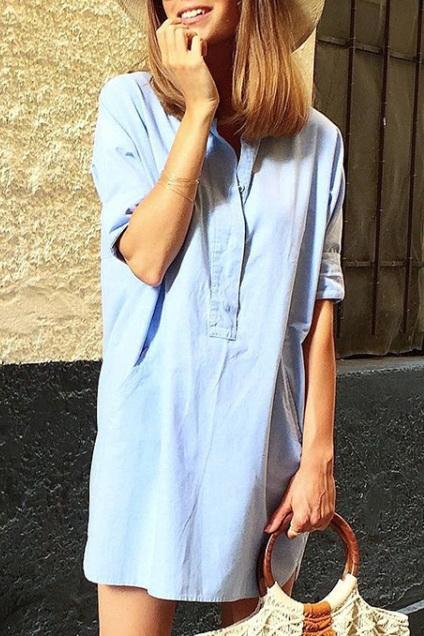 Short Sleeve Buttons Denim Dress