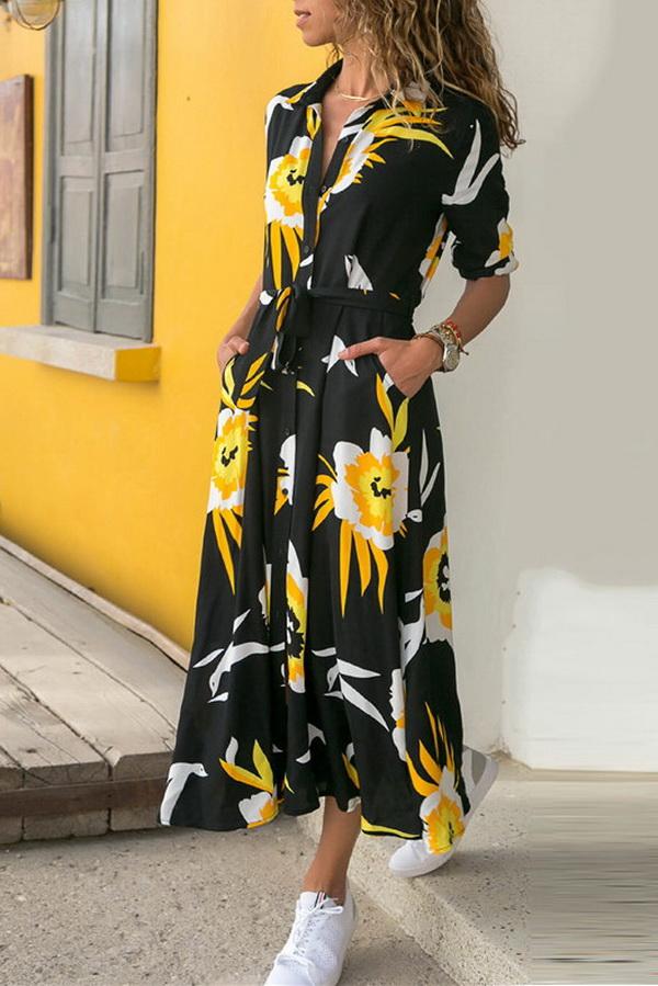 Single Breasted Long-sleeved Chiffon Print Dress