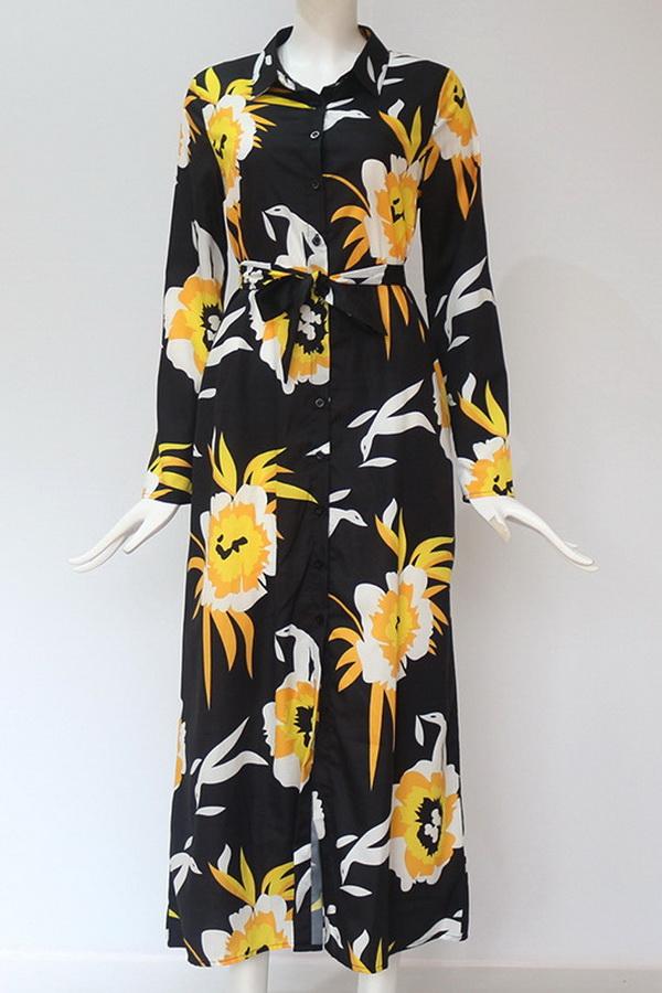Single Breasted Long-sleeved Chiffon Print Dress