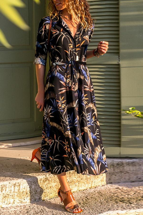 Single Breasted Long-sleeved Chiffon Print Dress