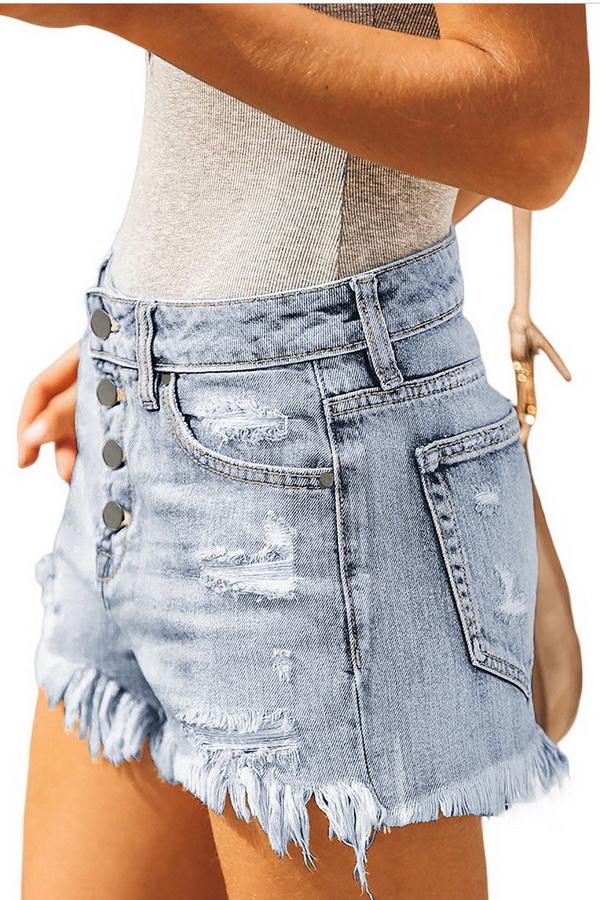 Single-row Button Slim High-waist Hairy Hem Hot Pants